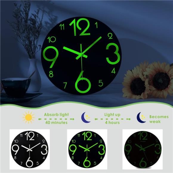 Luminous Wall Clocks - 12'' Non-Ticking Silent Wooden Clock with Night Light - Picture 3 of 5